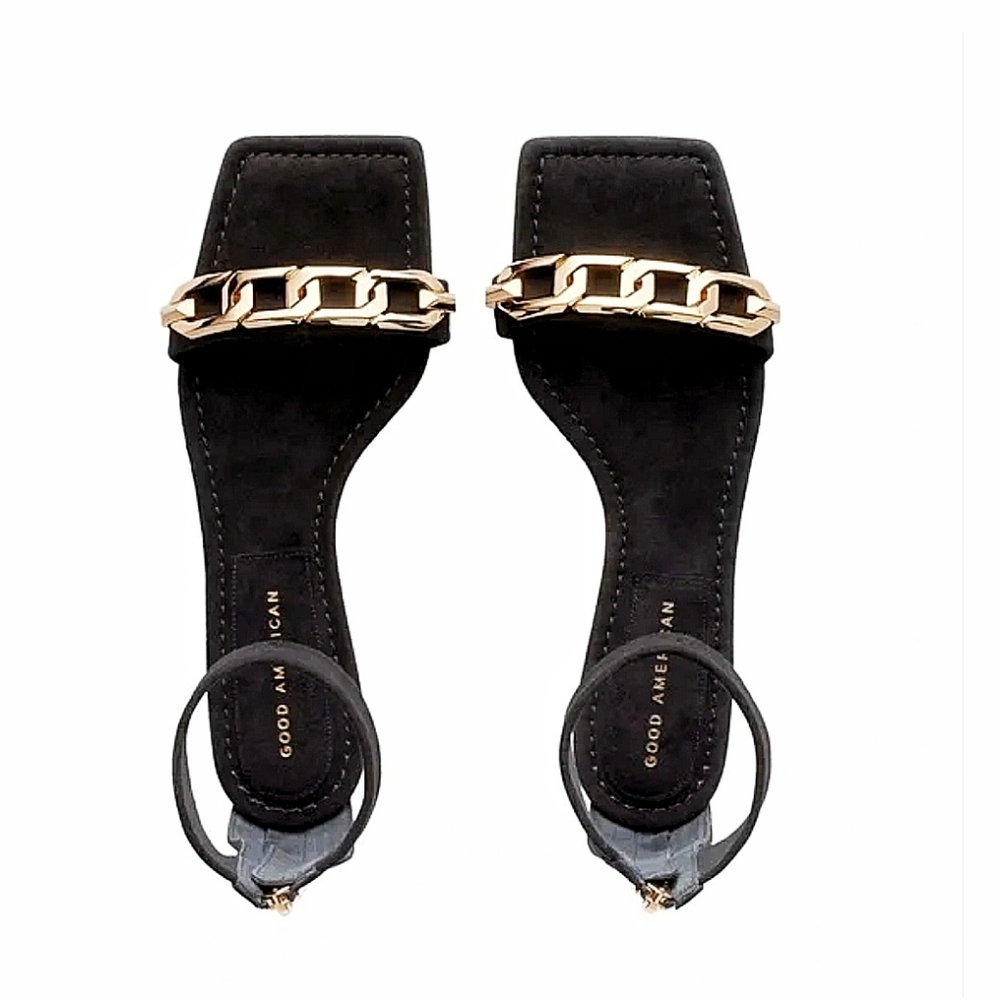 Good American Y2K Chunky Chain Leather Suede Square Toe Sandals